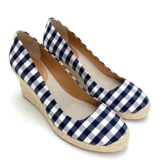 J.CREW Gingham Check Canvas Espadrilles Wedge Heel Blue / White Size 9.5 # E8117 - Picture 4 of 11